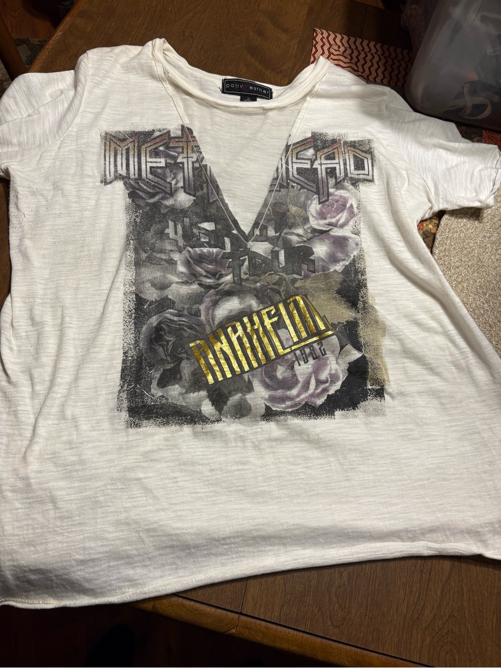 Polly & Esther White Graphic Tee with Black and Gold Print